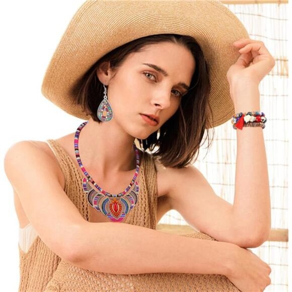 4 Pcs Bohemian Jewelry Set for Women Style Costume Necklace Colorful beads - Picture 2 of 5